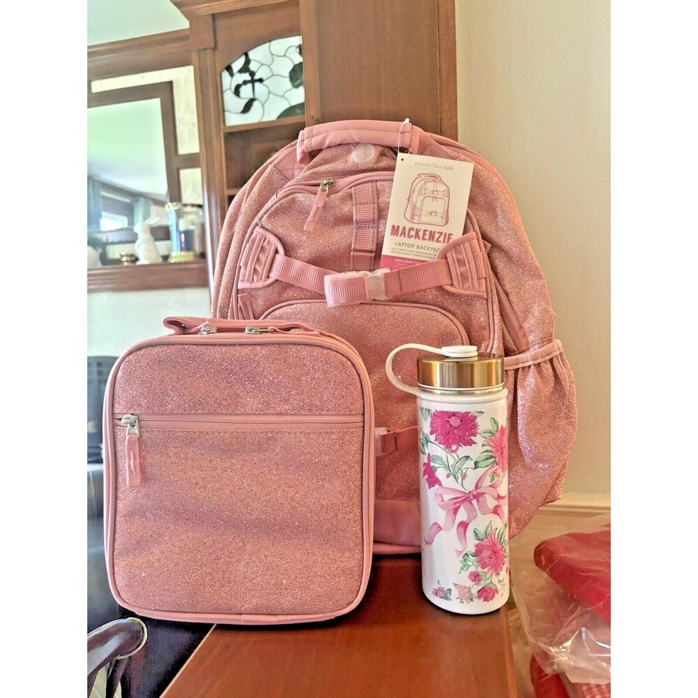 School Pottery barn kids LARGE BACKPACK LUNCH WATER Glitter Floral Bag Travel . - Picture 9 of 16